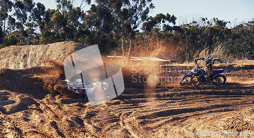 Image of Sport, motorcycle and people with speed for fitness, competition and challenge on nature path. Action, motorbike and athlete for adventure, performance and helmet in Australia off road track.