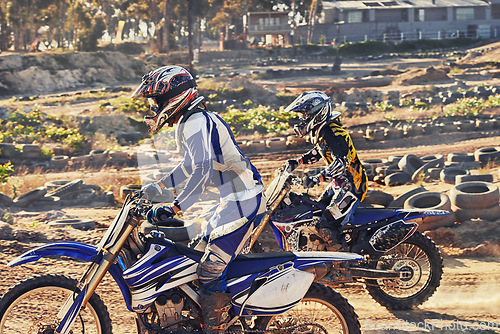 Image of Sport, racer and motorcycle on track for competition on dirt road with performance, challenge and adventure. Motocross, motorbike or dirtbike driver with helmet on offroad course or tyres for racing