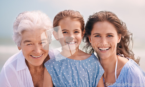Image of Portrait, love and family generations on beach in summer together for travel, holiday or vacation. Face of senior mother, woman parent and girl child bonding on sand by sea or ocean for getaway