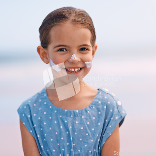 Image of Little girl, portrait and outdoors with sunscreen, smile and cheerful on holiday vacation. Young daughter, happy and cute confidence for getaway, fun and sunblock for protection and summertime