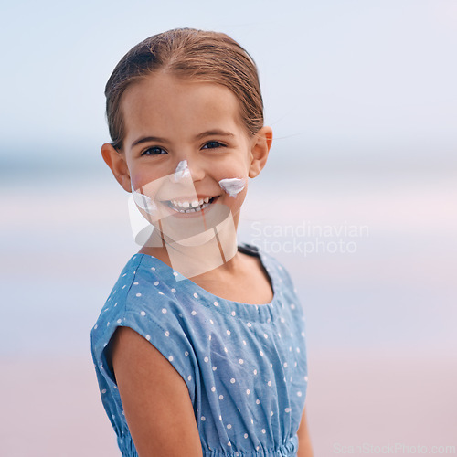 Image of Young child, portrait and outdoors with sunscreen, smile and cheerful on holiday vacation. Little girl, happy and cute confidence for getaway, fun and skincare for protection and summertime