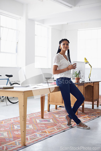 Image of Black woman, inspiration and morning in office with ideas for interior design, renovation and startup for project. Female person, thinking and creativity for small business and confident with coffee