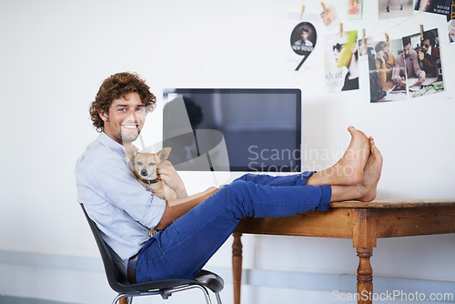 Image of Happy man, computer screen or portrait with dog for work or technology mock up for online publisher in agency. Young guy, face or desktop for company with pet or feet on table to relax with chihuahua