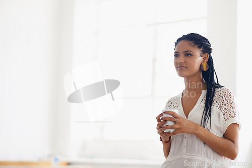 Image of Business woman, coffee and thinking in office, planning and designer with hot beverage for pondering. Black female person, mockup space and drinking tea in workplace, idea and latte for contemplating