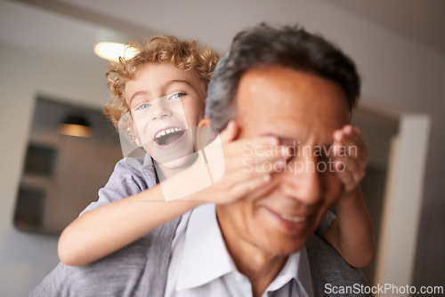 Image of Portrait, grandfather and boy with piggyback and smile for multiracial, family and bonding together. Happy, mature man and male grandchild with hug for laugh, cheerful and fun babysitting at home