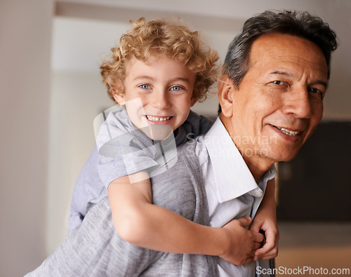 Image of Portrait, senior man and boy with smile for multiracial family, bonding and together at home. Happy, grandfather and male child with hug, care and love for fun, cheerful and babysitting in retirement
