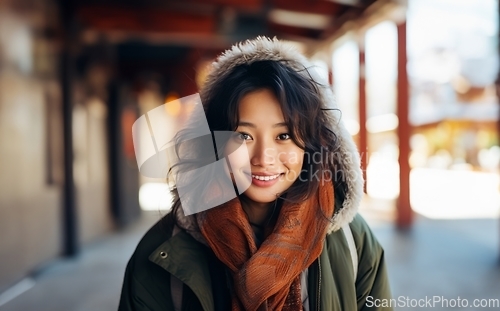 Image of A beautiful Chinese woman exudes elegance as she poses for a portrait, donning a stylish jacket, capturing the serene charm of a snowy day with cultural grace