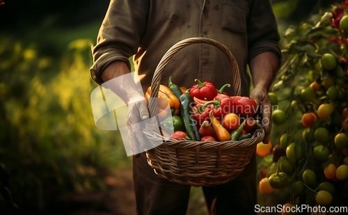 Image of In the hands of seasoned farmers, a diverse array of freshly harvested vegetables fills the rustic charm of their countryside basket