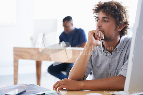 Image of Thinking, businessman and graphic designer with hand on chin, planning and vision for thought. Contemplate, entrepreneur in office or workplace and ponder, doubt and reflecting for idea at desk