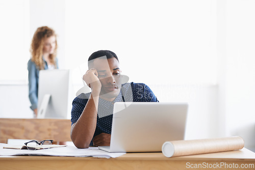 Image of African, businessman and laptop with office, tired and stress with work. Employee, technology and paperwork with computer, fatigue and startup or small business with plans for entrepreneurship