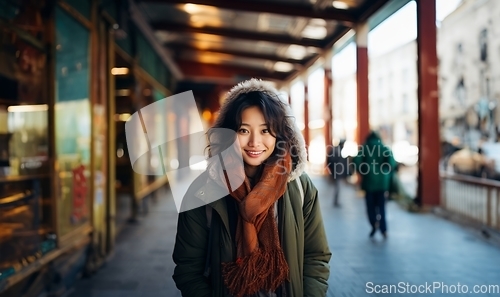 Image of A beautiful Chinese woman exudes elegance as she poses for a portrait, donning a stylish jacket, capturing the serene charm of a snowy day with cultural grace