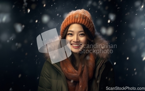 Image of A beautiful Chinese woman exudes elegance as she poses for a portrait, donning a stylish jacket, capturing the serene charm of a snowy day with cultural grace