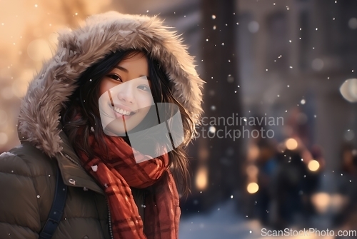 Image of A beautiful Chinese woman exudes elegance as she poses for a portrait, donning a stylish jacket, capturing the serene charm of a snowy day with cultural grace