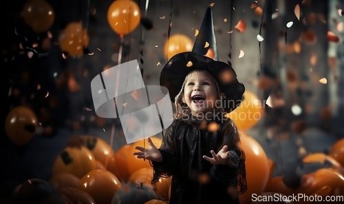 Image of In a whimsical Halloween scene, a young girl, dressed as a witch, is surrounded by enchanting pumpkins, capturing the magic of the festive night