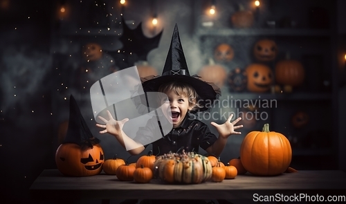 Image of In a whimsical Halloween scene, a young girl, dressed as a witch, is surrounded by enchanting pumpkins, capturing the magic of the festive night