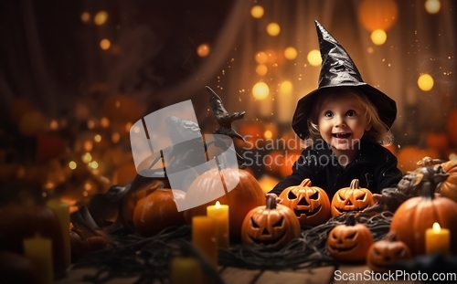 Image of In a whimsical Halloween scene, a young girl, dressed as a witch, is surrounded by enchanting pumpkins, capturing the magic of the festive night