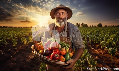 Image of In the hands of seasoned farmers, a diverse array of freshly harvested vegetables fills the rustic charm of their countryside basket