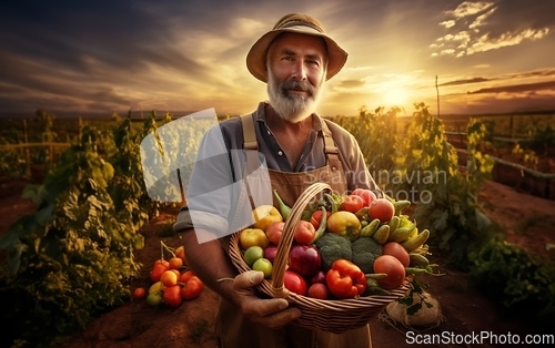 Image of In the hands of seasoned farmers, a diverse array of freshly harvested vegetables fills the rustic charm of their countryside basket