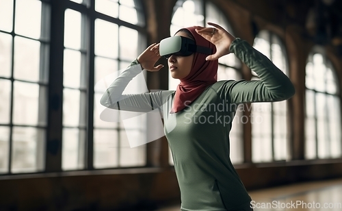 Image of In a spiritual setting, a modern woman in a hijab explores the mosque's depth using virtual reality glasses, blending tradition with technology