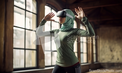 Image of In a spiritual setting, a modern woman in a hijab explores the mosque's depth using virtual reality glasses, blending tradition with technology