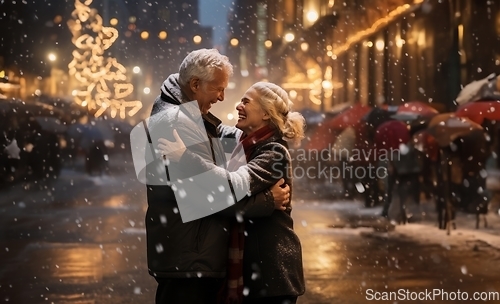 Image of In the serene snowfall, an elderly couple shares a heartfelt embrace, enveloped in the warm glow of love on a wintry night