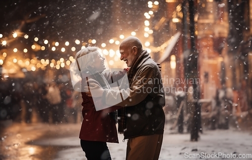 Image of In the serene snowfall, an elderly couple shares a heartfelt embrace, enveloped in the warm glow of love on a wintry night