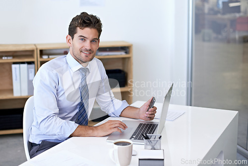 Image of Laptop, smile and portrait of businessman in office for research on finance budget project. Technology, happy and professional financial advisor working on company account with computer in workplace.