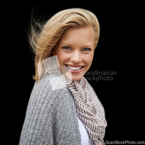Image of Autumn, fashion and portrait of happy woman in studio, black background or mock up space. Casual, style and girl with beauty from makeup, cosmetics or positive attitude in cardigan, jersey and scarf