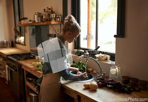 Image of Woman, chef and washing food for hygiene in the kitchen sink at home for cooking. Female person, prepare and cleaning vegetables for meal and nutrition or rising in water for a healthy diet