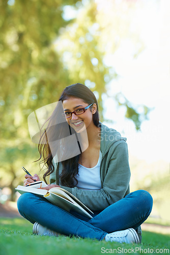 Image of Writing, books and portrait of woman in park for studying, learning and reading on campus outdoors. Education, knowledge and happy person with notes, textbooks and ideas for university or college