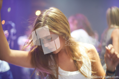 Image of Dance, night and music with woman at club for performance, dj event and energy. Rock, musician festival and celebration with female person in crowd at nightclub party for concert and disco show