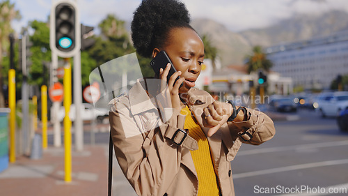 Image of Woman, time and late on street, phone call or frustrated with stress or communication. Black designer, watch and south africa city with chat, network or discussion worried for career or schedule