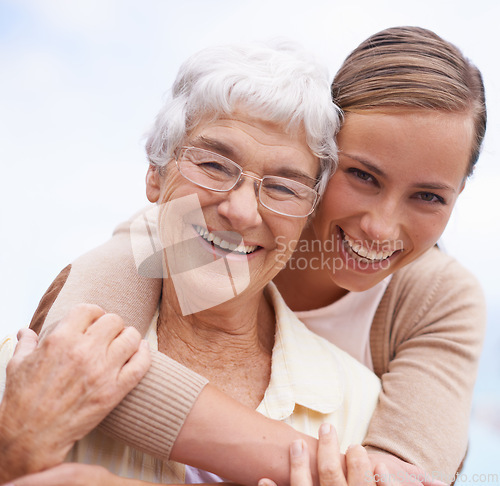 Image of Hug, happy and portrait of senior mother with daughter embrace for bonding, relationship and love. Family, retirement and face of elderly parent with woman for care, affection and relaxing outdoors