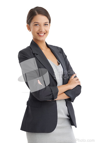 Image of Business, woman and arms crossed in studio for confidence and happy with human resources career. Young professional worker, employee or model in portrait with smile for job on a white background