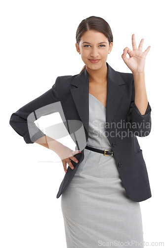 Image of Perfect, okay and business woman in studio for thank you, support or like on a white background. Portrait of professional worker in human resources with great, yes and hand for success or excellence