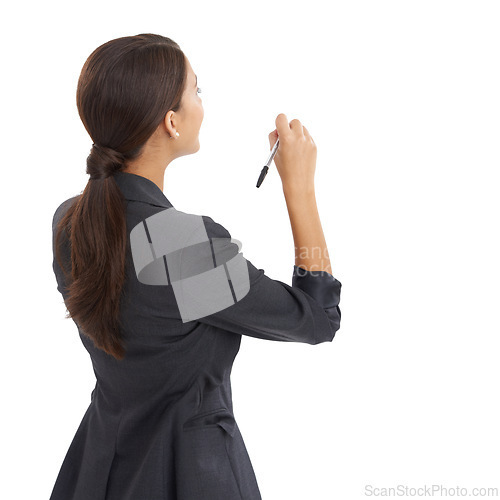 Image of Writing, planning and business woman in studio with mockup space or white background for brainstorming. Back of a professional worker, attorney or lawyer with notes for ideas, goals and solution