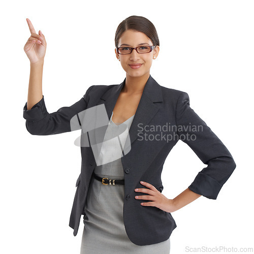 Image of Portrait, business woman is pointing and presentation with information about us, communication and corporate training. Advertising, coaching and announcement with professional news or opportunity