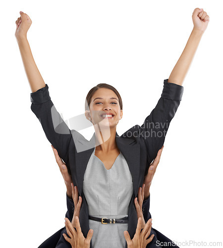 Image of Corporate woman, success in portrait and yes, praise from team with cheers and arms raised for win on white background. Excellence, pride and happy for promotion or bonus with support from group