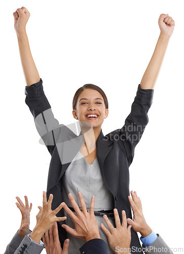 Image of Business woman, success in portrait and yes, praise from team with cheers and arms raised for win on white background. Excellence, pride and happy for promotion or bonus with support from group