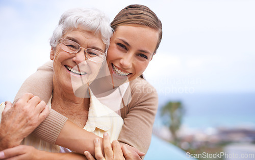 Image of Happy women, mother and daughter hug in portrait smile, excited and show affection in mockup space. Lovely family, mom and girl on vacation enjoy, retirement and embrace with happiness and joy