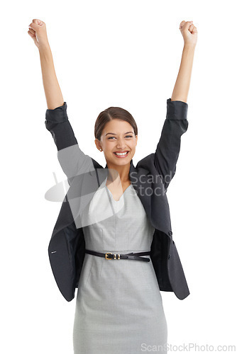 Image of Professional, woman and arms up in studio for success, winning and achievement with yes and celebration. Portrait of an excited worker, accountant or winner with business goals on a white background