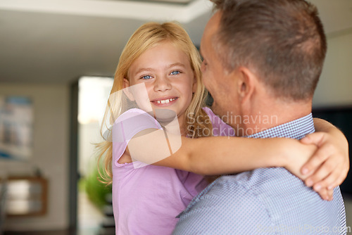 Image of Daughter, dad and portrait for bonding, family and home with smile and playtime with hug. Father, little girl and happy for joy, care and child development with parent and love at house together