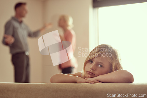 Image of Divorce, mother and unhappy child in argument, sofa and sad in family with stress and anger. Daughter, tired and fight as frustrated, conflict and listen to mom, dad and depression in living room