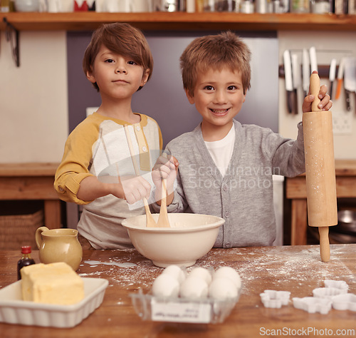 Image of Portrait, smile and brothers in a kitchen, baking and child development with happiness and ingredients. Face, kids and siblings with holiday and weekend break with hobby, home and vacation with joy
