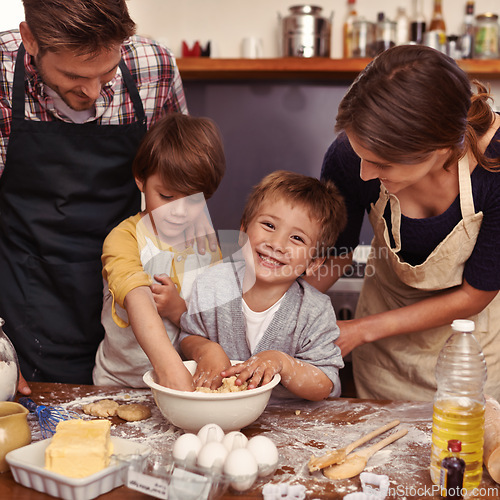 Image of Family, happy and portrait of kids baking in kitchen, learning and boys bonding together with parents in home. Father, mother and face of children cooking or teaching brothers how to make dessert