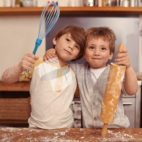 Image of Portrait, boys and brothers baking, kitchen utensils and smile with happiness and child development. Face, kids and siblings with holiday, messy or weekend break with hobby, home or excited with love