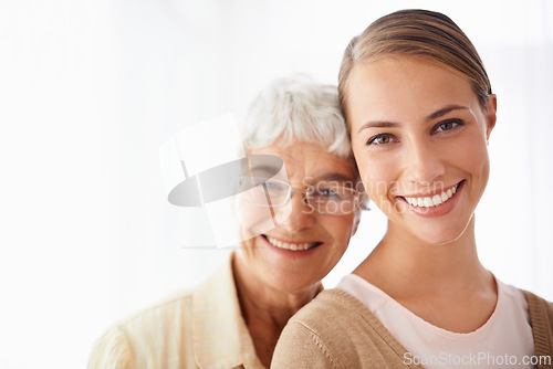 Image of Hug, white background and portrait of senior mother with daughter embrace for bonding, relationship and love. Family, retirement and elderly parent with woman for care, affection and relax together