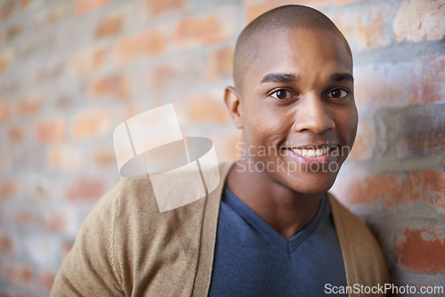 Image of Man, portrait and student for casual fashion by wall background, smile and confidence for style. Black male person, happy and satisfaction for cool clothes, gen z and pride for aesthetic in outdoors