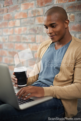 Image of Man, coffee and student on laptop in outdoors, e learning and online course for studying on tech. Black male person, latte and university website for education, wall background and internet for email
