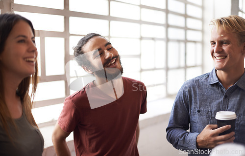 Image of Diverse, university students and chatting in hallway, laughing and socialising on campus. Laugh, smile and happy between classes, education and conversation with group of friends bonding or talking